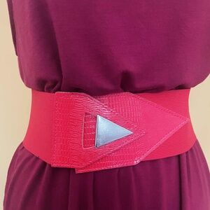Red Statement Belt with Silver Triangle Hardware -  Wide Elastic Waist Belt M/L